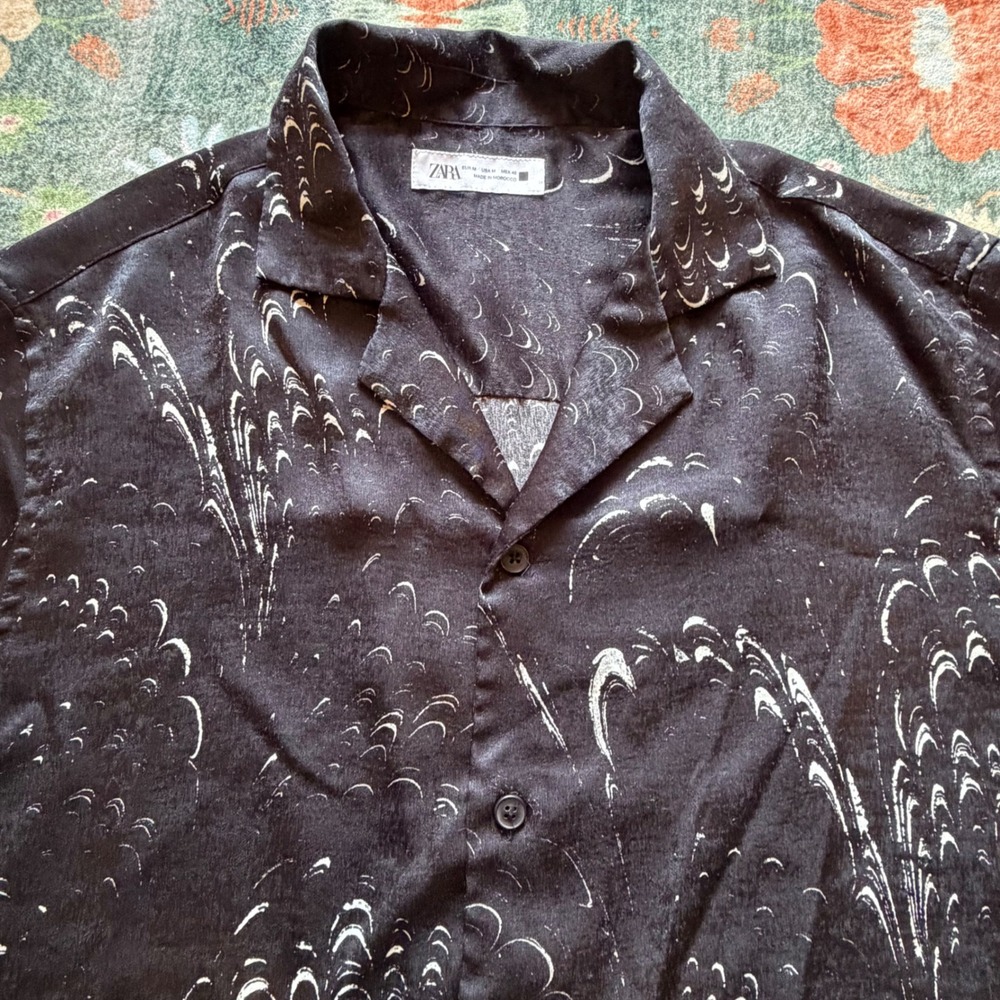 Zara Mens Black White Abstract Print‎ Short Sleeve Button Up Camp Shirt Size M